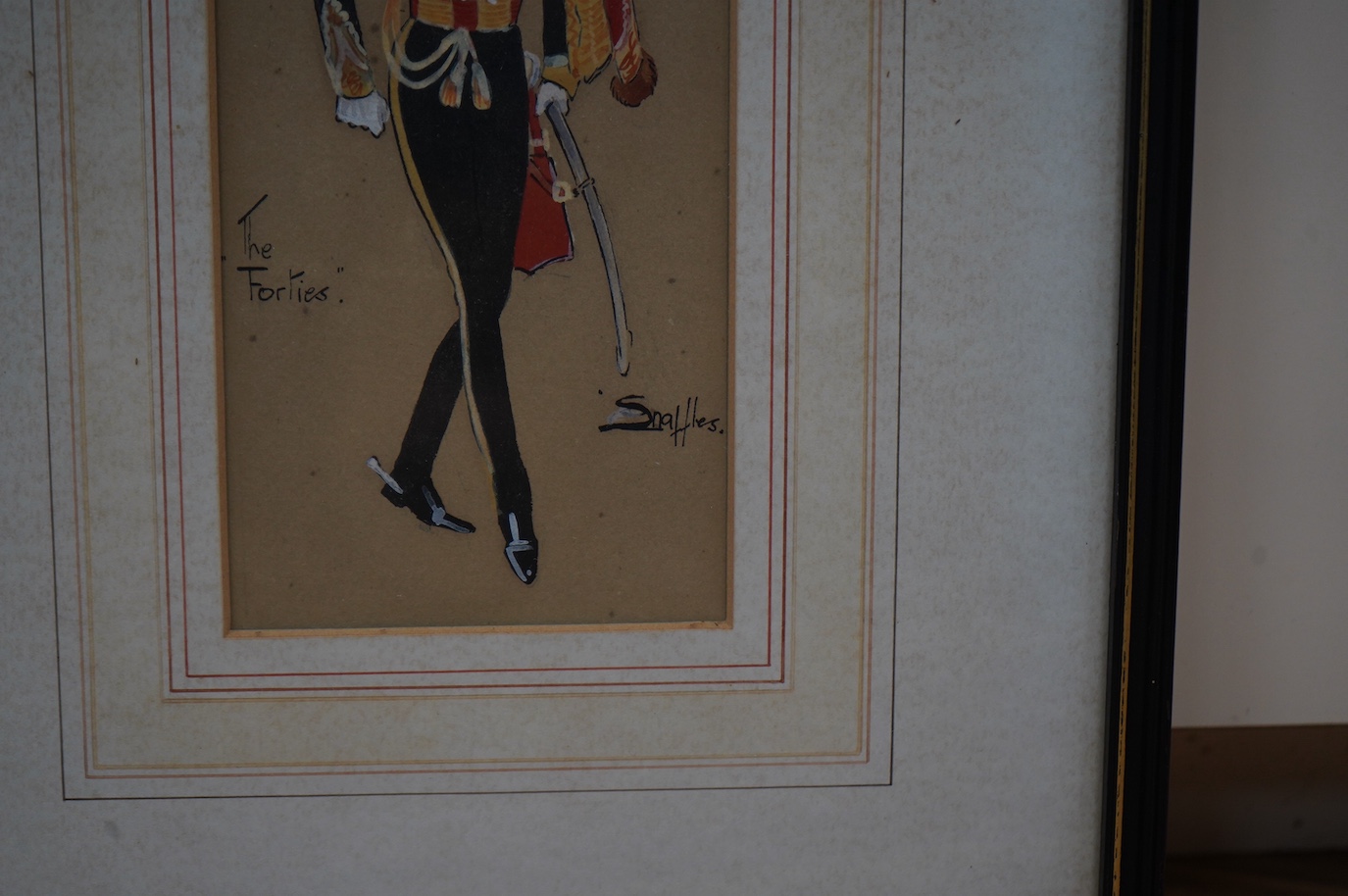 Charles Johnson Payne (1884-1967) 'Snaffles', gouache, 'The Forties', signed and inscribed, 24 x 10.5cm. Condition - fair
